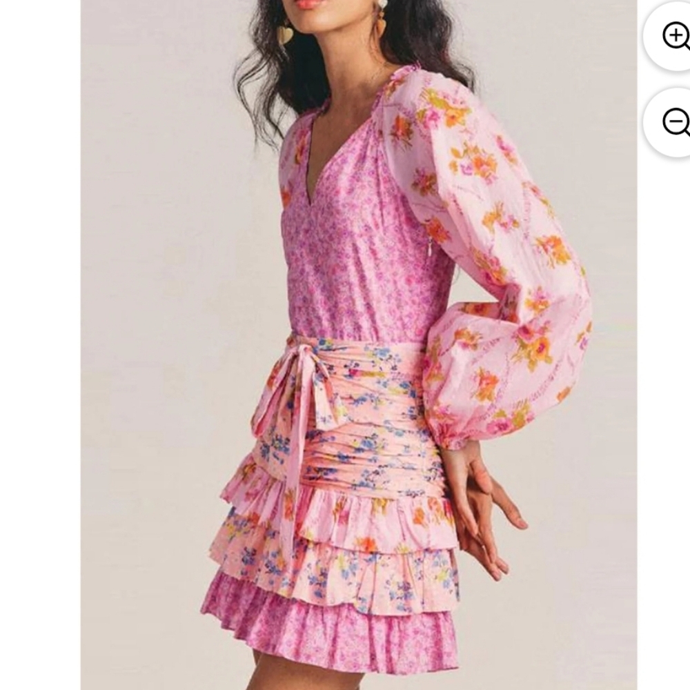 For Love Bell Floral Ruffle Mini Dress Medium NWT Pink Boho Layered V-Neck - Picture 2 of 12